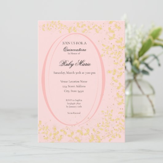 Chic Blush Pink & Gold Quinceanera Invitation Kaart (Staand voorkant)