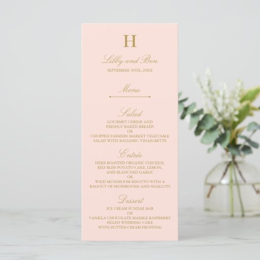 Chic Blush Pink & Gold Wedding Menu Sjabloon (Staand voorkant)