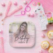 Chic Blush Pink Gradient Photo Birthday Papieren Bordje (Feest)