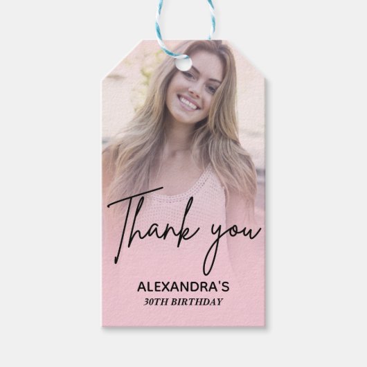 Chic Blush Pink Gradient Photo Birthday Thank you Cadeaulabel (Voorkant)