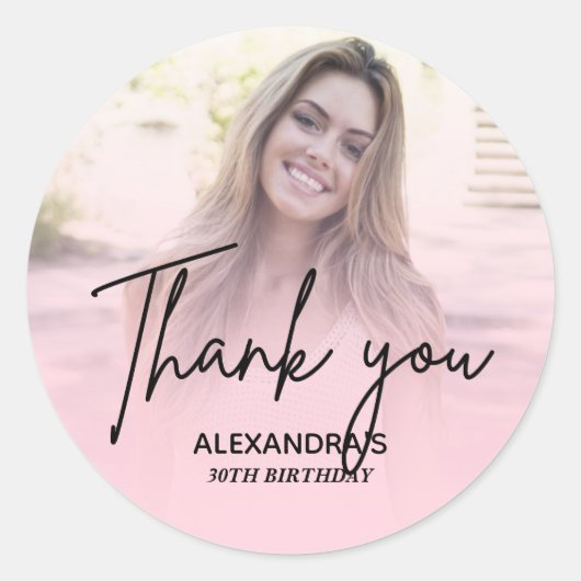 Chic Blush Pink Gradient Photo Birthday Thank you Ronde Sticker (Voorkant)
