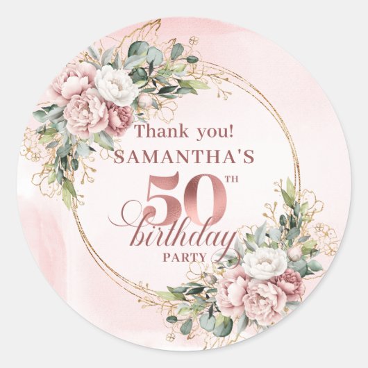 Chic Blush Pink Greenery 50th Birthday Party Label (Voorkant)