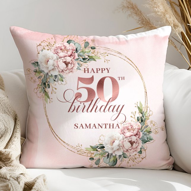 Chic Blush Pink Greenery 50th Birthday Pillow Gift Kussen (Chic Blush Pink Greenery 50th Birthday Pillow Gift)