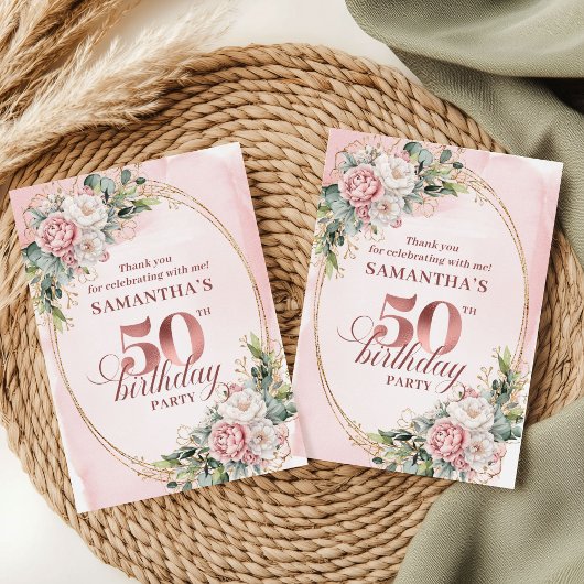 Chic Blush Pink Greenery 50th Birthday Thank You  Bedankkaart