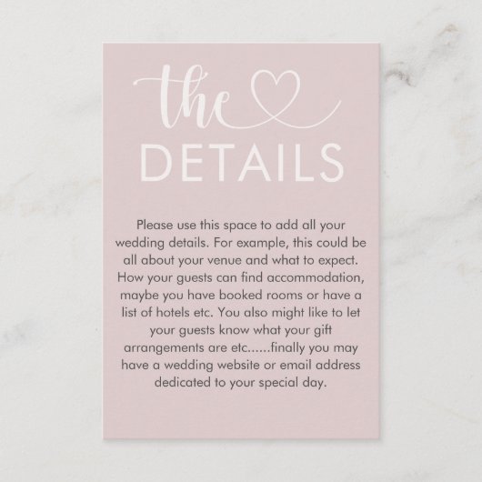 Chic Blush Pink Heart Weddenschap Details Informatiekaartje (Voorkant)