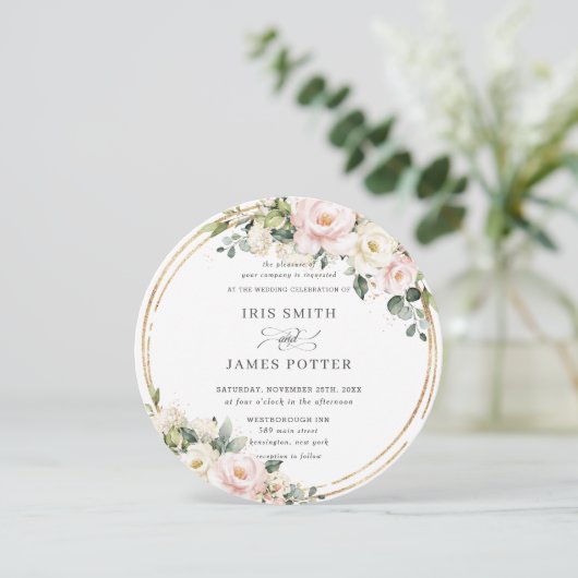 Chic Blush Pink Ivory Floral Gold Greenery Wedding Kaart (Staand voorkant)