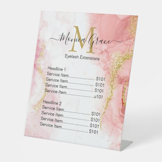 Chic Blush Pink Marble Gold Glitter Agate Monogram Reclamebord Met Voetstuk (Voorkant)