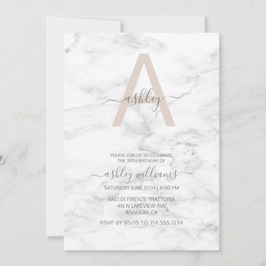 Chic Blush Pink Marble Monogram 30th Birthday Kaart (Achterkant)