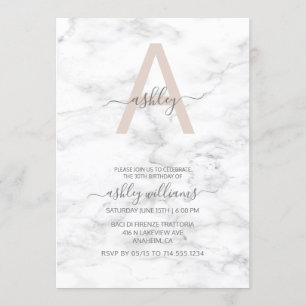 Chic Blush Pink Marble Monogram 30th Birthday Kaart