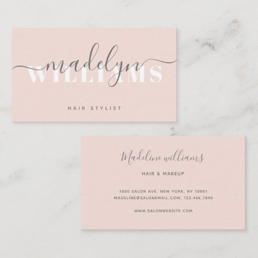 Chic Blush Pink Modern Monogram Script Handtekenin Visitekaartje (Voorkant / Achterkant)