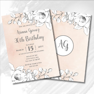 Chic Blush Pink Modern White Floral 30th Birthday Kaart