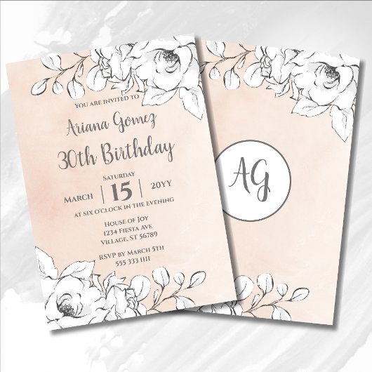 Chic Blush Pink Modern White Floral 30th Birthday Kaart