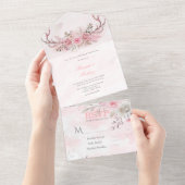 Chic Blush Pink Peony Sage Deer Antlers Weddenscha All In One Uitnodiging (Afscheurbaar)
