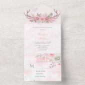Chic Blush Pink Peony Sage Deer Antlers Weddenscha All In One Uitnodiging (Binnen)