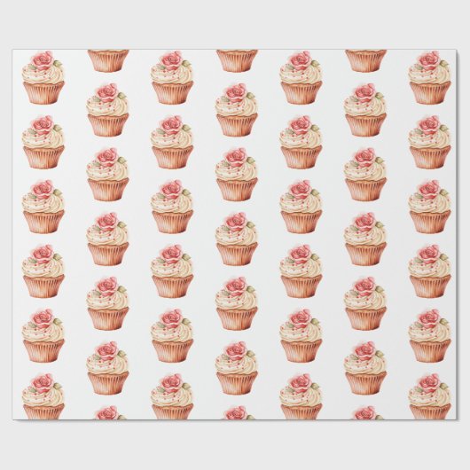 Chic Blush Pink Rose Cupcake Verjaardag Cadeaupapier (Vlak)