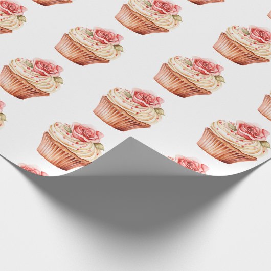 Chic Blush Pink Rose Cupcake Verjaardag Cadeaupapier (Hoek)