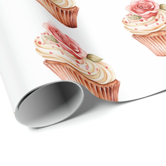 Chic Blush Pink Rose Cupcake Verjaardag Cadeaupapier (Rol Hoek)