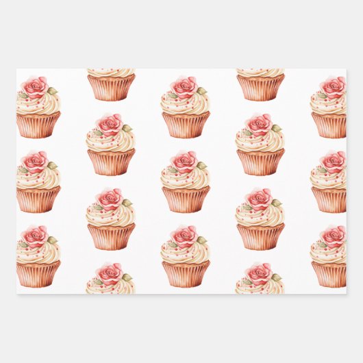 Chic Blush Pink Rose Cupcake Verjaardag Inpakpapier Vel (Voorkant 3)