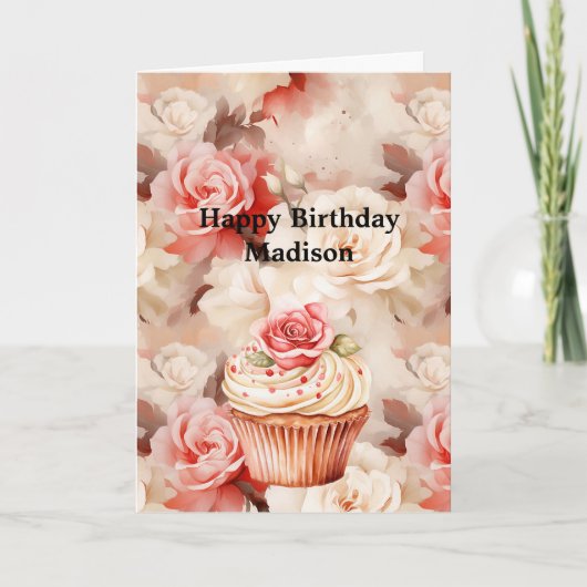 Chic Blush Pink Rose Cupcake Verjaardag Kaart (Voorkant)