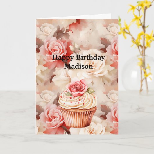 Chic Blush Pink Rose Cupcake Verjaardag Kaart (Gele Bloem)