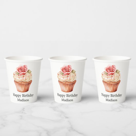 Chic Blush Pink Rose Cupcake Verjaardag Papieren Bekers (Multi)