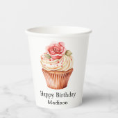 Chic Blush Pink Rose Cupcake Verjaardag Papieren Bekers (Voorkant)