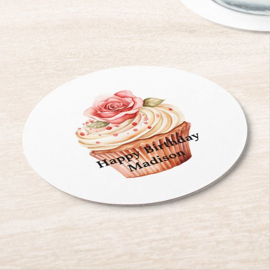 Chic Blush Pink Rose Cupcake Verjaardag Ronde Kartonnen Onderzetter (Gebogen)