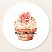 Chic Blush Pink Rose Cupcake Verjaardag Ronde Kartonnen Onderzetter (Voorkant)