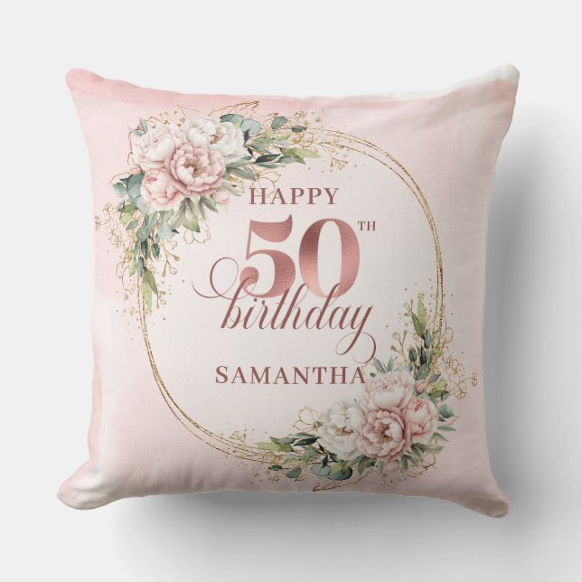 Chic Blush Pink Rose Gold 50th Birthday Pillow Gif Kussen (Voorkant)