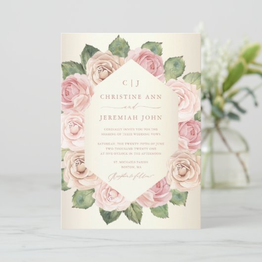 Chic Blush Pink Rose Waterverf Floral Wedding Kaart (Staand voorkant)