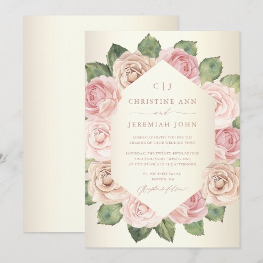 Chic Blush Pink Rose Waterverf Floral Wedding Kaart (Voorkant / Achterkant)