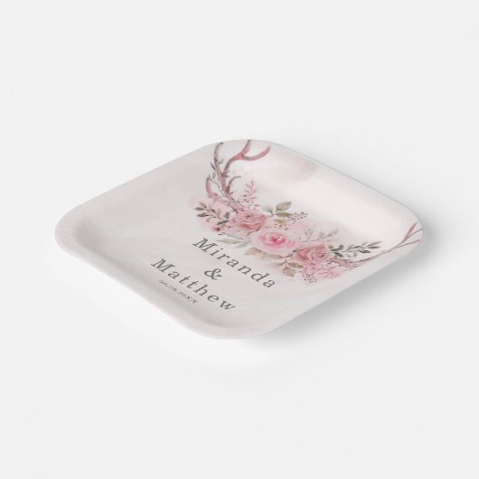 Chic Blush Pink Sage Deer Antlers Floral Weddensch Papieren Bordje (Gebogen)