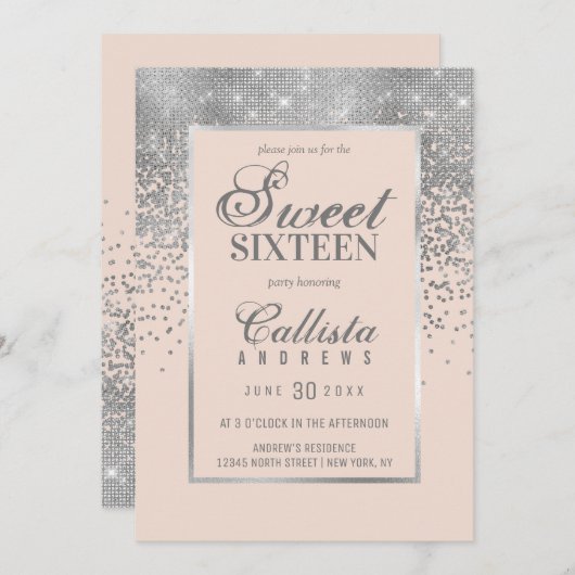 Chic Blush Pink Silver Glitter Confetti Sweet 16 Kaart (Voorkant / Achterkant)
