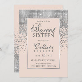 Chic Blush Pink Silver Glitter Confetti Sweet 16 Kaart