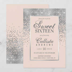 Chic Blush Pink Silver Glitter Confetti Sweet 16 Kaart