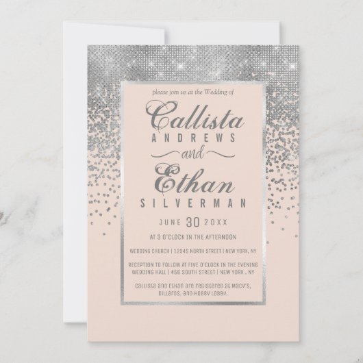 Chic Blush Pink Silver Glitter Confetti Wedding Kaart (Voorkant)