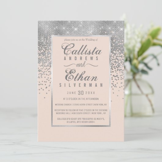 Chic Blush Pink Silver Glitter Confetti Wedding Kaart (Staand voorkant)