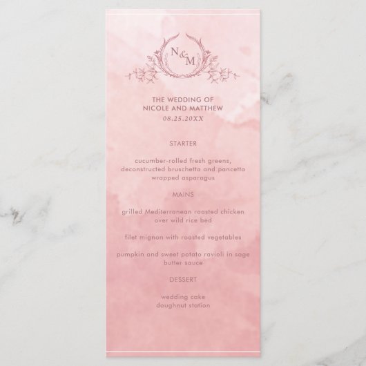 Chic Blush Pink Waterverf, Monogram Weddenschap Me Menu (Voorkant)