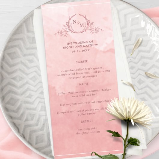 Chic Blush Pink Waterverf, Monogram Weddenschap Me Menu