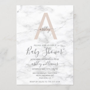 Chic Blush Pink White Marble Monogram Baby shower Kaart