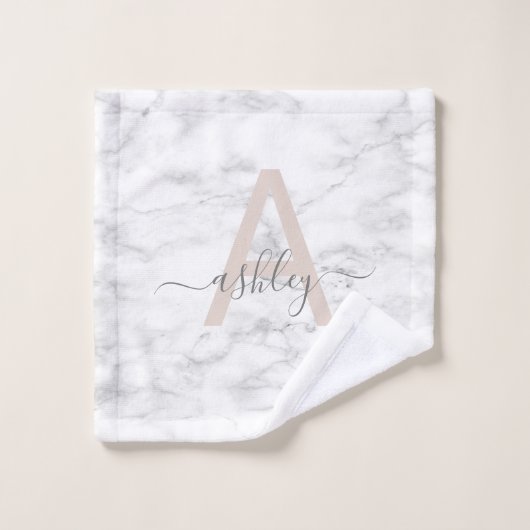 Chic Blush Pink White Marble Script Name Monogram Bad Handdoek (Wasdoekje)