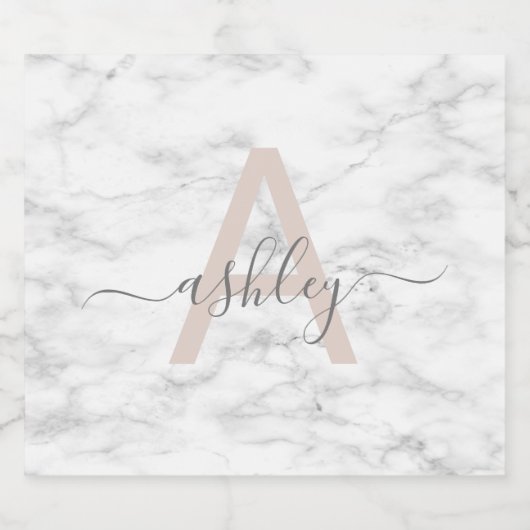 Chic Blush Pink White Marble Script Name Monogram Bier Etiket (Enkel label)