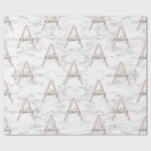 Chic Blush Pink White Marble Script Name Monogram Cadeaupapier (Vlak)