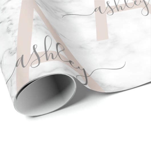 Chic Blush Pink White Marble Script Name Monogram Cadeaupapier (Rol Hoek)
