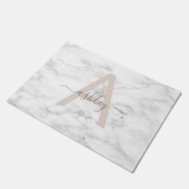Chic Blush Pink White Marble Script Name Monogram Deurmat