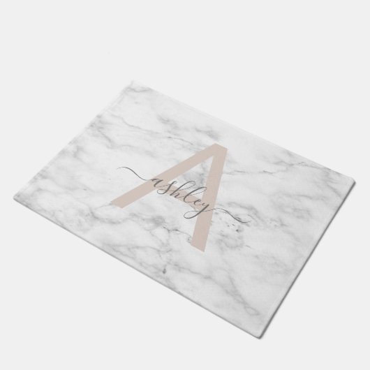 Chic Blush Pink White Marble Script Name Monogram Deurmat (Schuin)