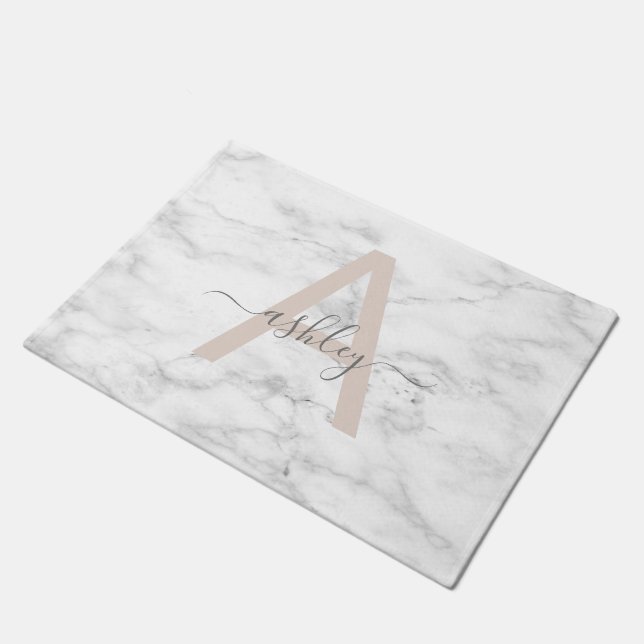 Chic Blush Pink White Marble Script Name Monogram Deurmat (Schuin)