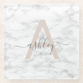 Chic Blush Pink White Marble Script Name Monogram Glazen Onderzetter (Voorkant)