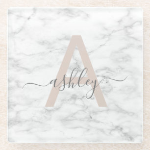 Chic Blush Pink White Marble Script Name Monogram Glazen Onderzetter