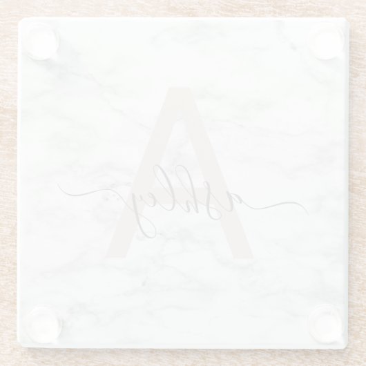 Chic Blush Pink White Marble Script Name Monogram Glazen Onderzetter (Achterkant)
